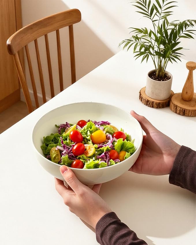 Pasta Bowls Set of 8, 34oz Speckled Ceramic Bowls Set for Serving Salad, Pasta, Soup, Dinner, 8" Wide and Deep Bowls, Dishwasher & Microwave Safe, Matte Terracotta Base (Warm White)