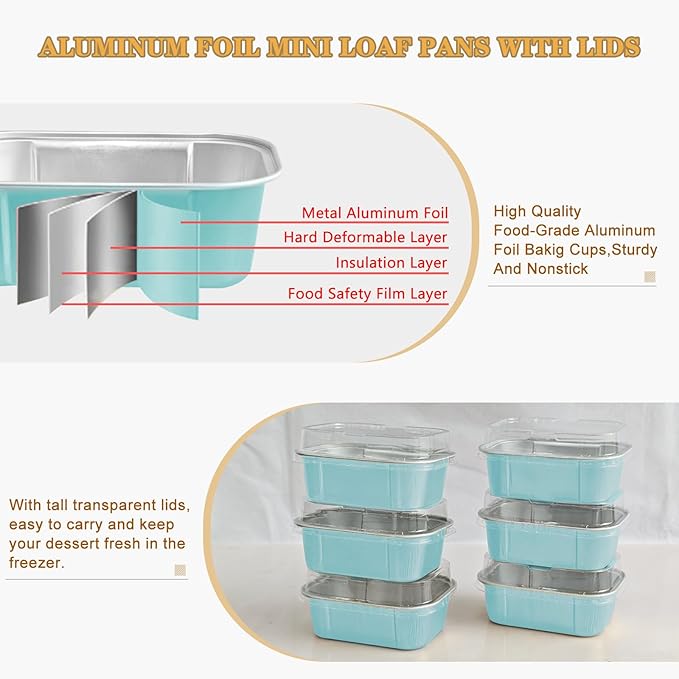 Mini Cake Pans With Lids And Spoons,5.5 oz Rectangle Mini individual Loaf Pans Disposable Aluminum Foil Small Baking Cups Tins (100, Wathet)