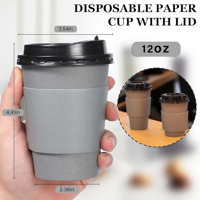 100 Pack 12 oz Disposable Paper Coffee Cups with Lids and Sleeves and Stirring Sticks, Leak-free Disposable Insulated Paper Cups for To Go Hot or Cold Beverages(Gray)