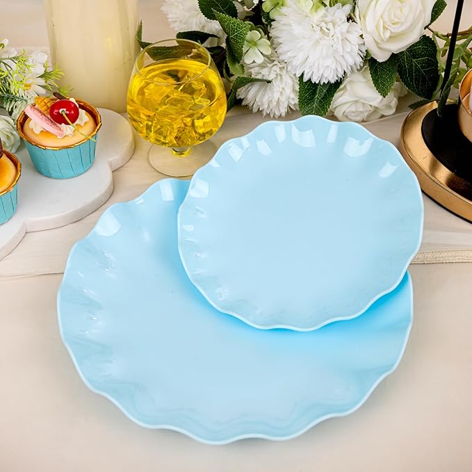 LIYH 24 Pcs Blue Plastic Plates Reusable - Unbreakable Light Blue Easter Scalloped Plates, Dishwasher Safe Camping Plate for Parties, Birthday, Picnics, BPA Free (12Guests)