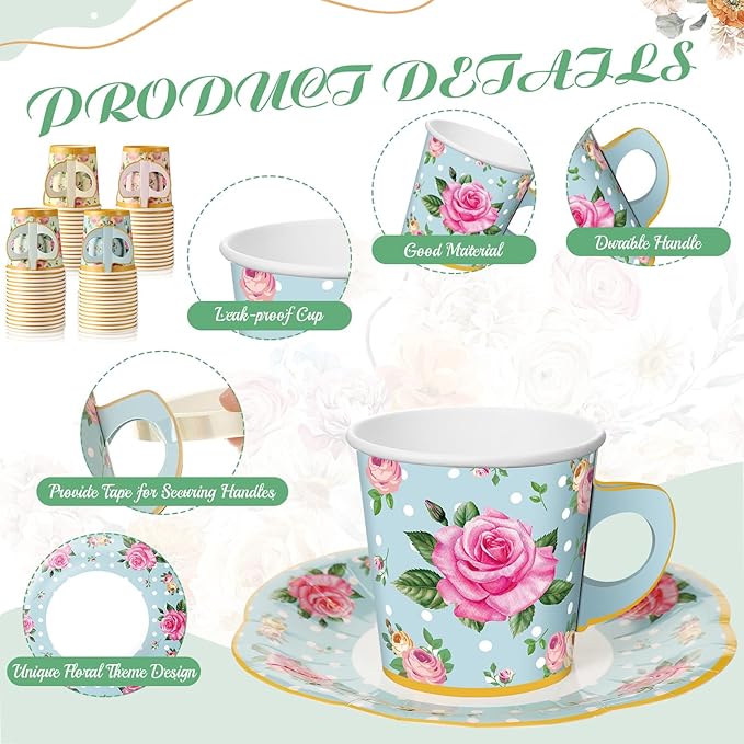 Umigy 60 Sets Spring Tea Party Decorations 6.5 oz Floral Paper Teacups & Saucer Set for Girls Women Afternoon Tea Parties Mothers Day Bridal Shower Wedding Birthday Party Decorations(Multicolor)
