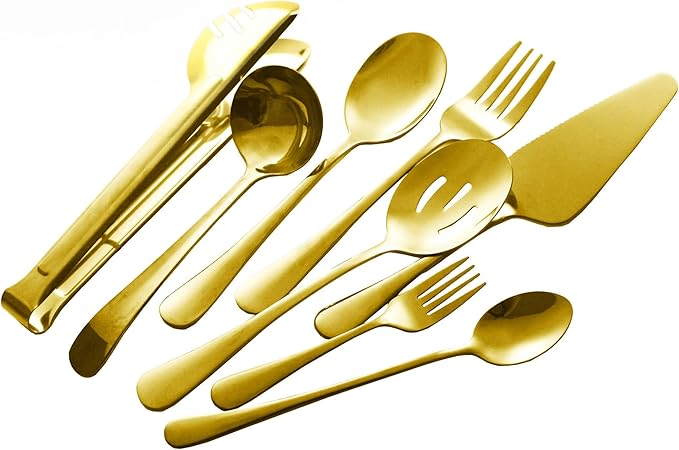 Gold Serving Utensils, 12 Pcs Stainless Steel Buffet Serving Utensil with Serving Spoon Slotted Spoons Serving Forks Soup Ladle Serving Tongs Pie Server, Utensils Set Great for Banquet