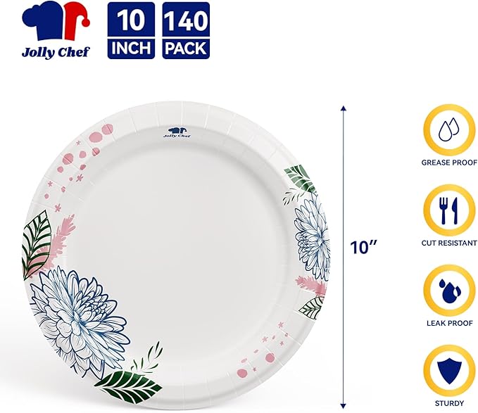 JOLLY CHEF 𝟭𝟰𝟬 𝗖𝗼𝘂𝗻𝘁 𝗣𝗮𝗽𝗲𝗿 𝗣𝗹𝗮𝘁𝗲𝘀 𝟭𝟬 𝗶𝗻𝗰𝗵 Soak Proof, Cut Proof, Heavy Duty Flower Printed Disposable Paper Plates for Everyday Use