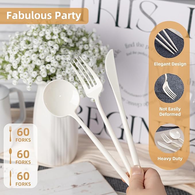 180PCS Ivory Plastic Silverware,Heavy Duty Disposable Utensils Include 60 Forks,60 Spoons and 60 Knives,Ivory Cutlery Plastic Silverware Sets for Party, Birthday,Wedding