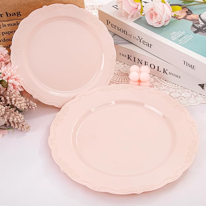 U-QE 100PCS Mauve Pink Plastic Plates for Party - Plastic Plates Disposable Heavy Duty - Pink Easter Plates for Party Including 50PCS 10.25'' &50PCS 7.5''
