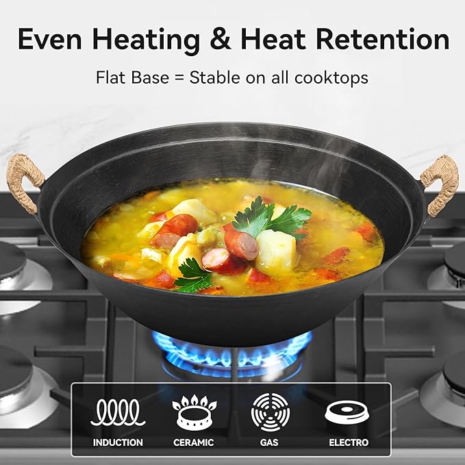WANGYUANJI 14.2 Inch Cast Iron Wok with Wooden Lid and Iron Spatula, Flat Bottom Double-Handle Chinese Stir Fry Pan, Uncoated Cast Iron Wok for Induction, Gas and Electric Stoves