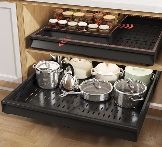 2 Pack Pull Out Cabinet Organizer With Raising Pad for Framed Cabinets,Expandable Width (15"-25") and Depth (17"-24"),3 Slide Rails Slide Out Drawers with Handle,No-Drill Roll Out Shelf,Black