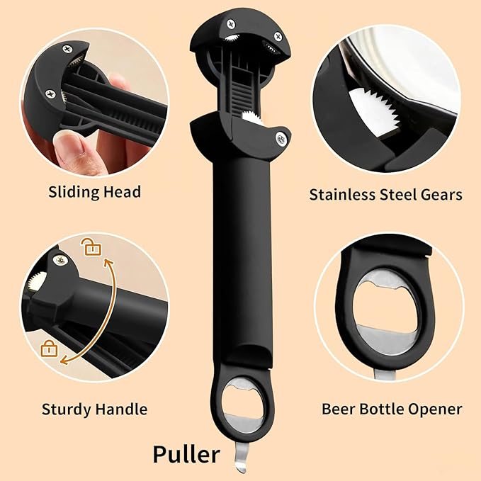 7 in 1 Jar Opener, Multifunctional Retractable Bottle Opener, Magnetic Can Opener, Suitable for Elderly People with Hand Weakness, Arthritis, Weak People, Kitchen Lid Opener, Black