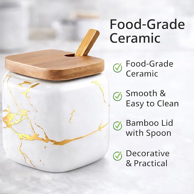 2 Sets of Marble Ceramic Seasoning Jars Ceramic Sugar Bowl with Lids，Tray and Spoons (white)