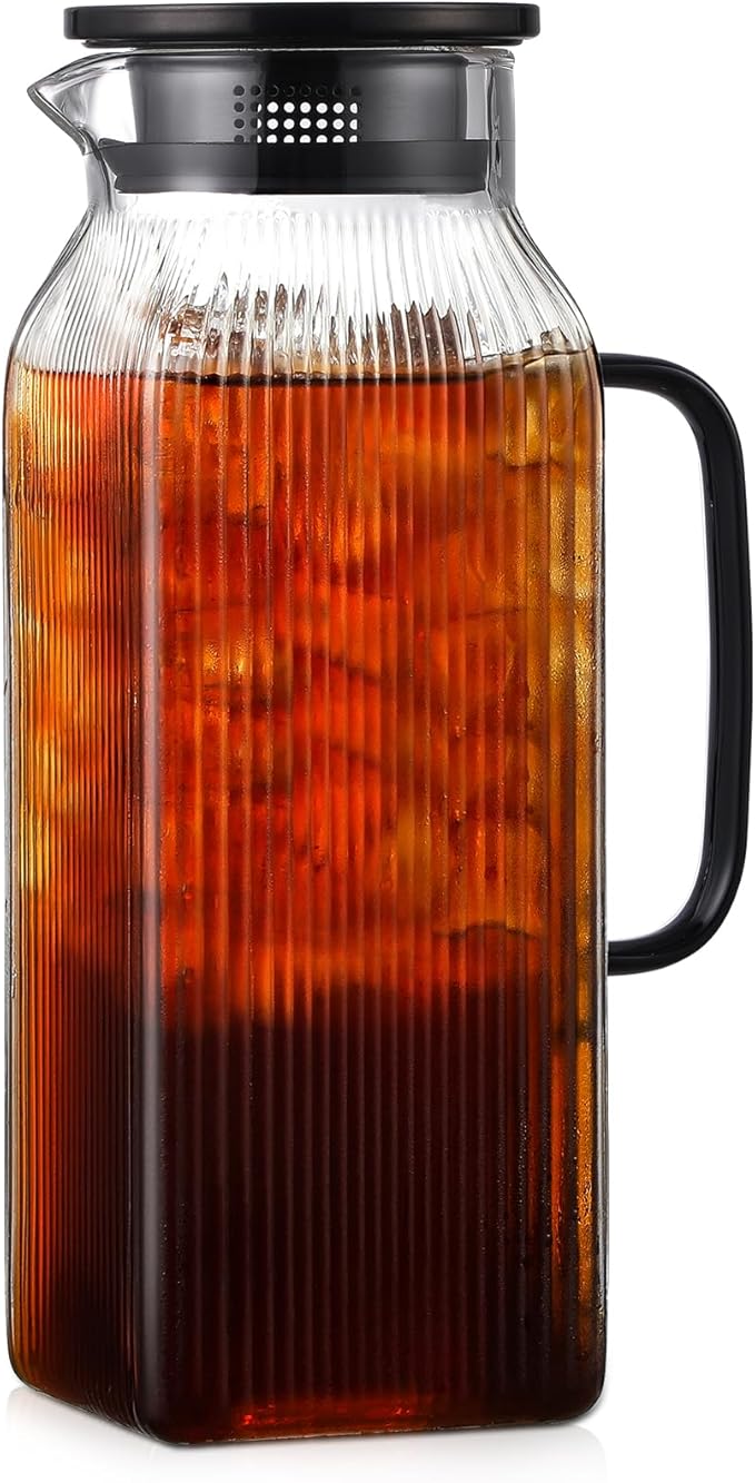 2 Liter/68 oz Square Glass Pitcher with Lid, Classic Stripes Water Pitchers with Handle for Fridge, Large Jug for Iced Tea, Coffee, Borosilicate Glass Carafe for Hot/Cold Brew Drink, Black