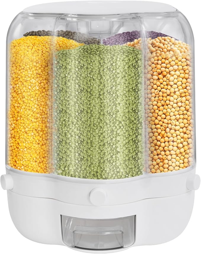 Rice Dispenser, 6 Grid 360° Rotating Rice Container Cereal Dispenser with Lid, Grain Storage Organizer Holder for Kitchen Countertop Dry Food, White, 12.5kg/28lbs