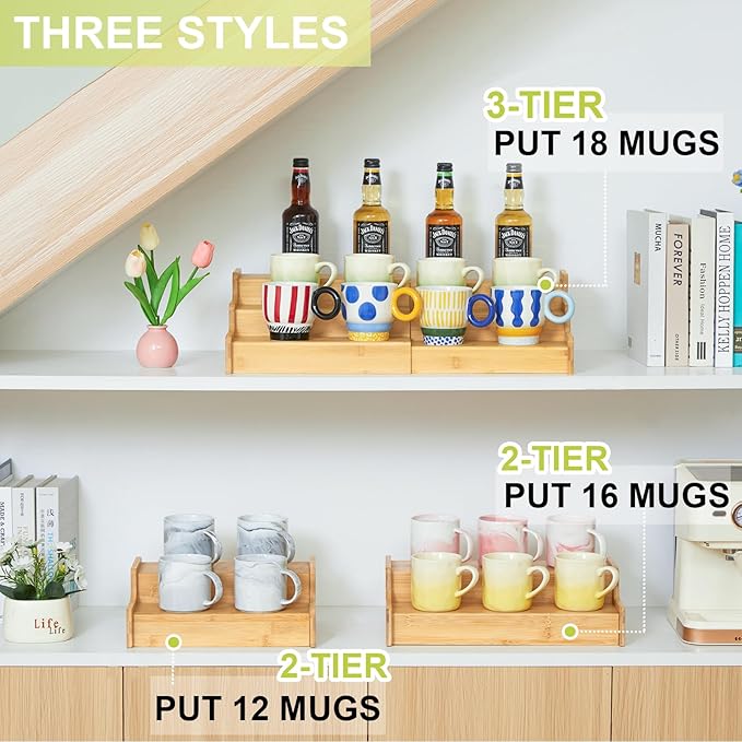 2-Tier Expandable Bamboo Mug Holder Coffee Mug Rack Organizer for Countertop, Multi-Functional Mug Display Shelf for Coffee Bar, Kitchen, and Home (15.35"~29.92")