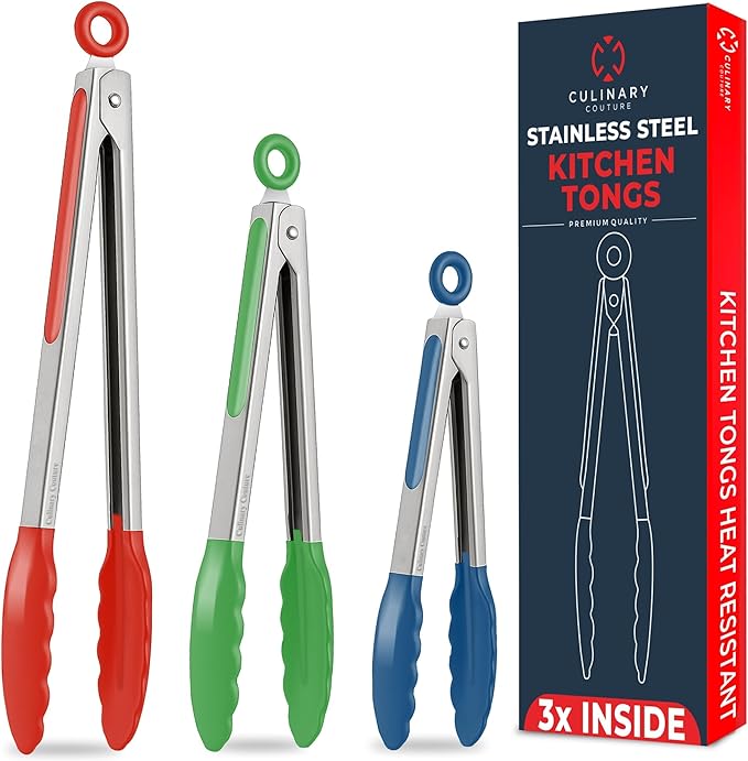 Kitchen Tongs with Silicone Tips Set of 3 Heat Resistant Tongs for Serving Food, 7-Inch, 9-Inch, 12-Inch Locking Silicone Tongs for Cooking, Salad Tong, Multicolored Kitchen Utensils