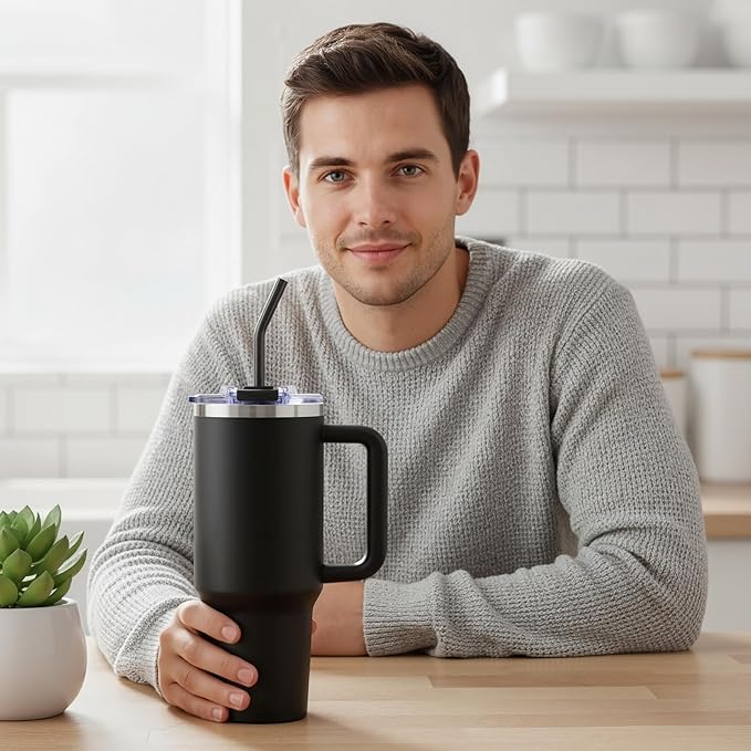 COKTIK 40 oz Tumbler With Handle and Straw, Insulated Tumbler With Leakproof Lids, Stainless Steel|BPA-Free, Cold for 24 H (Black)