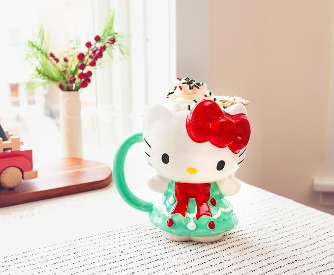 Silver Buffalo Sanrio Hello Kitty Holiday Christmas Tree Dress 3D Sculpted Ceramic Mug, 20 Ounces
