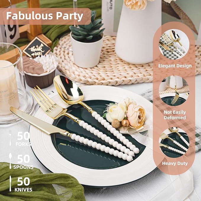 150 Pcs Gold Plastic Silverware,Gold Plastic Utensils with Ivory Beads Handle,Fancy Disposable Cutlery Set Include 50 Forks 50 Knives 50 Spoons for Party & Wedding