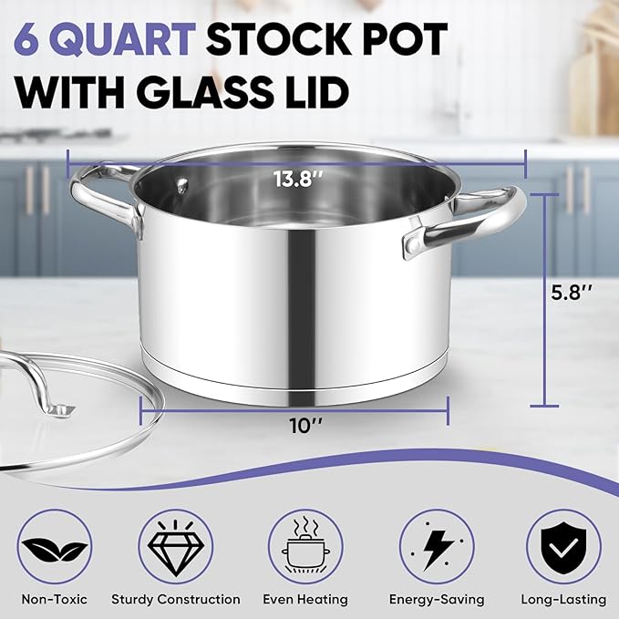 TeamFar 6QT Stainless Steel Stock Pot, Tri-ply Base Cooking Pasta Sauce Soup Pot with Glass Lid for Induction/Gas/Ceramic Stoves, Transparent Cover & Double Handles, Heavy Duty & Dishwasher Safe