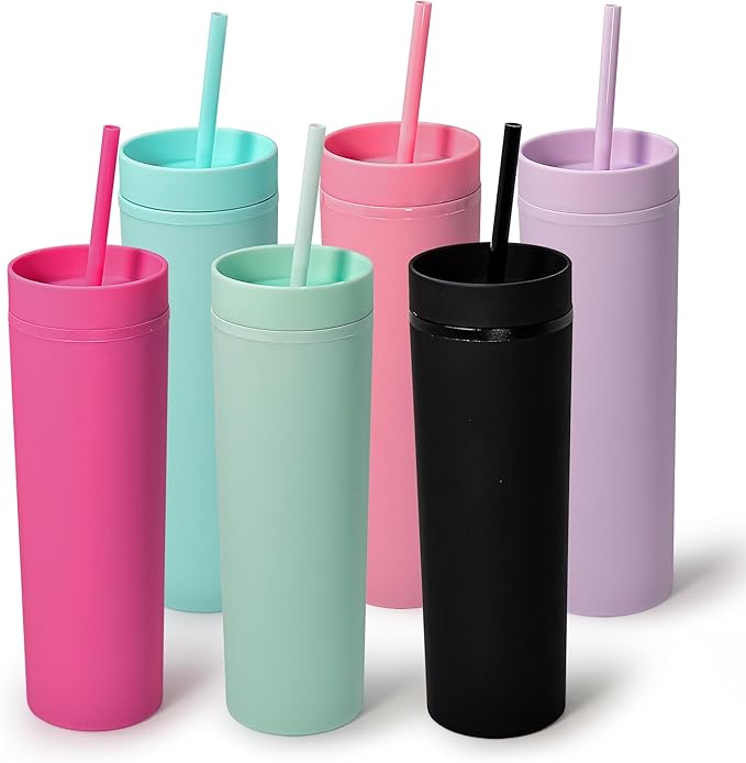 sweet grain Multicolor Skinny Tumblers with Lids and Straws(6 Pack) - 16oz Matte Pastel Colored Skinny Acrylic Tumblers, Double Wall Plastic Tall Skinny Tumblers Bulk for Cold Hot Drinks