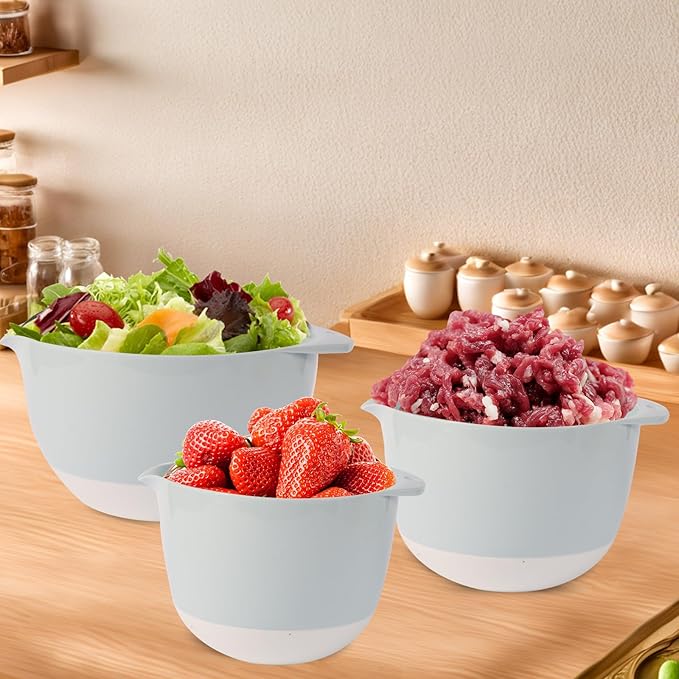 3 Plastic Mixing Bowls with Lids,Pour Spout,TPR Bottom,Mixing Bowl Set,3Qt,2Qt,1.5Qt,Deep Nesting Batter Bowl for Serving,Prep,Baking,Non Slip,Dishwasher Safe,Easy to Grip/Spout,Pale Blue
