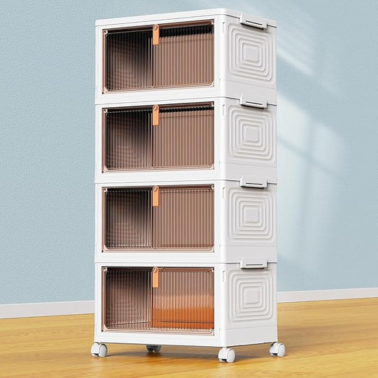 4 Tier Plastic Storage Bins with Lid 23QT, Stackable Storage Containers with Wheels, Folding Storage Boxes, Stackable Storage Bins, Organizers and Storage for Living Room,Office,Dorm