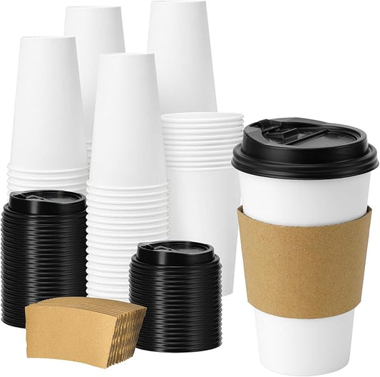 50 Pack 16 oz Disposable Coffee Cups with Lids and Insulated Sleeves, Leak-free Paper and Sturdy Thick Paper Hot to Go Coffee Cups with Lids for Cold/Hot Beverage (White)
