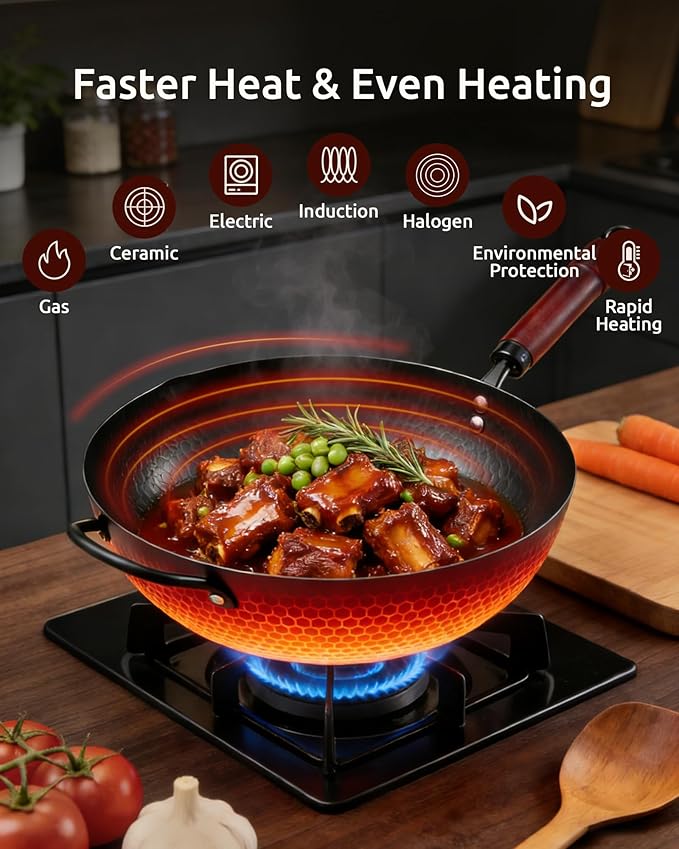 Wok Pan, Carbon Steel Wok, Woks & Stir-Fry Pans Nonstick, 13 Inch Wok Pan with Wooden Lid, Pre-Seasoned Carbon Steel Cookware, 5.8QT Flat Bottom Chinese Wok Paella Pan, Compatible with All Cooktops