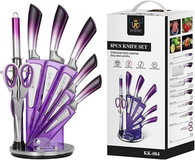 Purple Professional 9-Piece Kitchen Knife Set with Acrylic Block - Non Stick Sharp Stainless Steel Chef Knives with Sharpener
