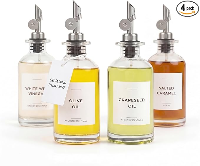 Olive Oil Dispenser Bottle - Includes 55 Kitchen Essential Labels - Cooking Oil Bottles for Kitchen, Coffee Syrup Dispenser - Pourer Spout with 11.8 fl oz Glass Container Cruet - 4pcs Silver