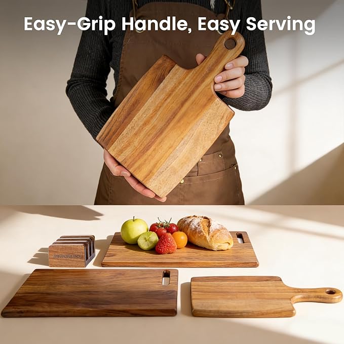 Acacia Wood Cutting Board Set of 3 with Stand – Kitchen & Charcuterie Serving Boards, Multi-Size Wooden Chopping Boards for Meat, Veggies & Fruit, Easy Clean & Space-Saving Display