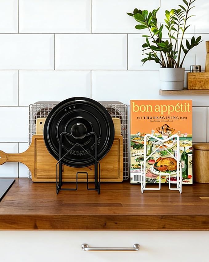 SUNFICON 2 Pack White Cutting Board Holder Rack Pot Pan Lids Holder Chopping Board Organizer Thin Bakeware Tray Dry Display Stand Kitchen Countertop Cabinet Office