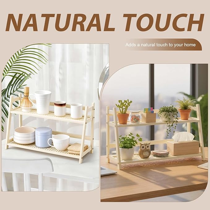 1 Pcs 2 Tier Matcha Station Shelf Bamboo Coffee Mug Stand Countertop Storage Rack, Double Layer Rattan Office Cup, Kitchen, Tea, Plant, Bar Accessories Condiment Display (White,17.7 Inch)