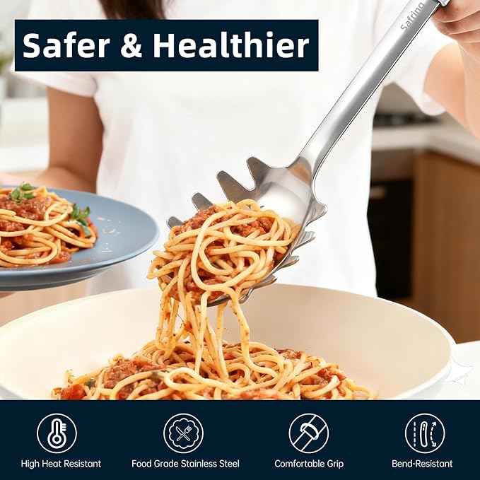 Stainless Steel Soup Ladle and Spaghetti Spoon Set, Heat Resistant Rubber Handle, Dishwasher Safe, Kitchen Utensils for Cooking, Stirring, Serving Pasta, Soup & Sauce (black)