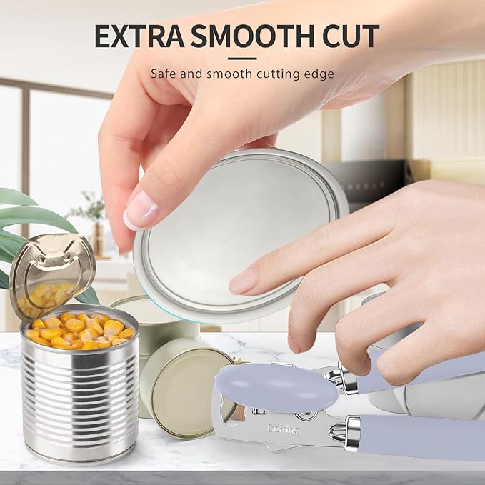 Can Opener Manual, Heavy Duty Stainless Steel Smooth Edge Can Opener With Soft Touch Handle, Oversized Handheld Easy Turn Knob, Multi-Function Bottle Opener, Lavender