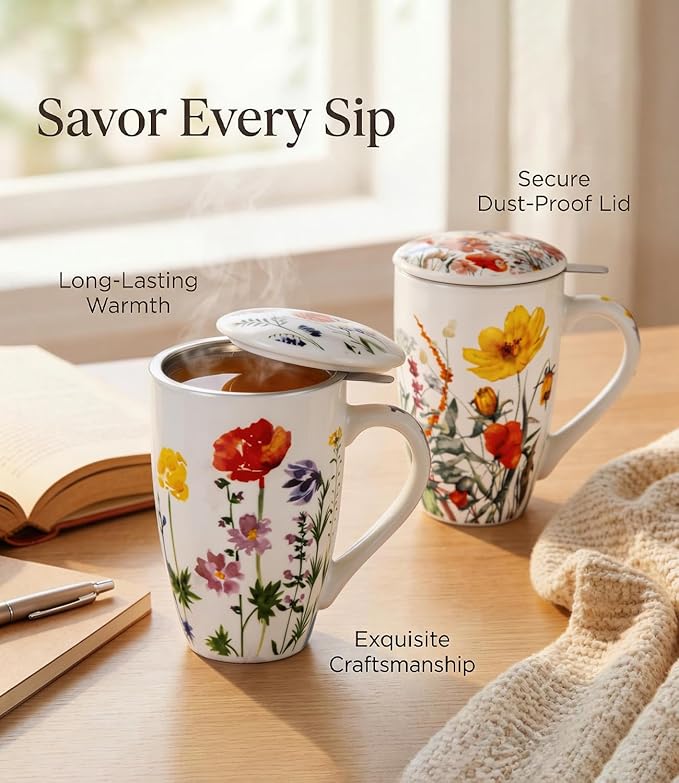 AmorArc Porcelain Tea Mug with Infuser and Lid – 18oz Loose Leaf Tea Cup with Handle, Gift for Tea Lovers (Men & Women)