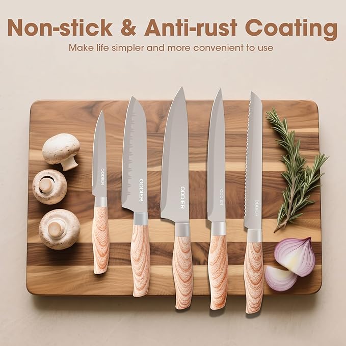 Knife Set, 8 Piece Kitchen Knife Set, Stainless Steel Knives Set for Kitchen, Universal Knife Block Set, Kitchen Kinfe Essentials, New Home Apartment Essentials, Dishwasher Safe (Khaki)