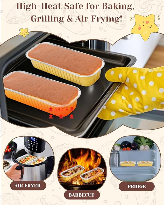 100 Pack Mini Loaf Pans with Lids, Spoons & Stickers – Disposable Aluminum Foil Baking Cake Containers for Oven, Air Fryer & Freezer – Ideal for Cakes, Bread, Pudding, Parties & Gifting, Gold