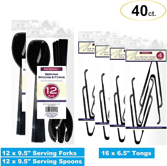 Party Essentials Plastic Party Buffet Serving Utensils Kit, Spoons/Forks/Tongs, 40-Piece, Black