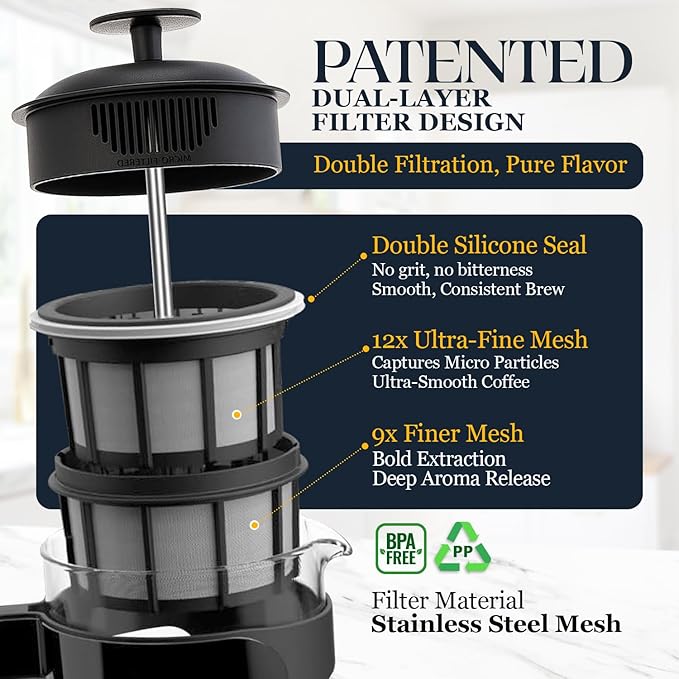 ESPRO P3 French Press Coffee Maker – Patented Double Micro-Filter for Grit-Free Brew, Heat Resistant thicker Borosilicate Glass Coffee press – (Black 32 oz)