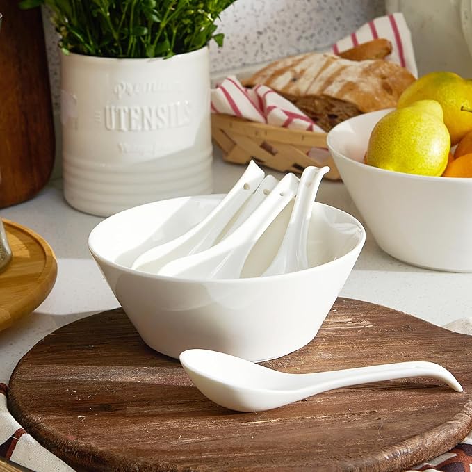 DOWAN Soup Spoons, Ceramic Asian Soup Spoons, White Japanese Spoon Large for Ramen Pho Wonton Dumpling Miso, Deep Oval Hook Design, Set of 4 (4, Soft white)