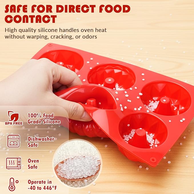 HKMTT Small Silicone Bundt Pan, Mini Fluted Tube Rum Cake Baking Molds, 6 Cavities 2 Pack 3 Shaped BPA Free Oven Safe Food Grade Non Stick Moulds