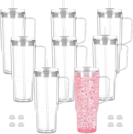 40 Oz Acrylic Snowglobe Tumbler with Handle, 8 Pack Pre-Drilled Double Wall Acrylic Clear Cup Tumbler for Glitter Snow Globe Diy
