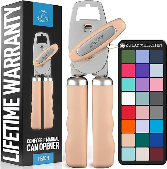 Zulay Kitchen Heavy Duty Stainless Steel Can Opener Manual with Bottle Opener - Rust Proof Manual Can Opener With Turn Knob & Comfy Soft Grip Handles - Peach