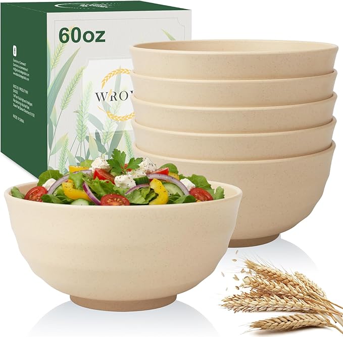 Wrova 6-piece Unbreakable Cereal Bowls Set, 60oz Wheat Straw Bowls Alternative Plastic Bowls Reusable, Microwave & Dishwasher Safe Salad Bowls for Kitchen, Large Bowl for Soup,Pho,Prep- Beige