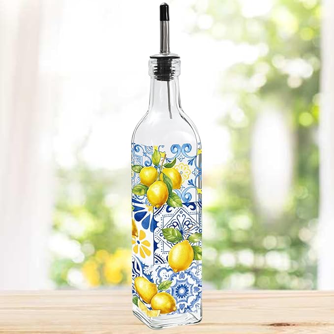 JarThenaAMCS Capri Lemon Olive Oil Dispenser Bottle Glass Cruet Bottle with Spout Vintage Lemon Blue Tile Cooking Vinegar Container for Summer Home Kitchen Table Countertop Decor
