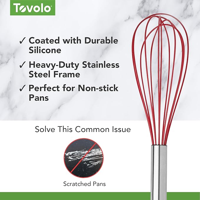 Tovolo Balloon Whisk 11 in Whip Whisk for Cooking Blending Mixing Stirring Whipping Beating, Dishwasher Safe Silicone Coated Wire Handheld Large Heavy Duty Multi Function Whip Whisking, Cayenne Red