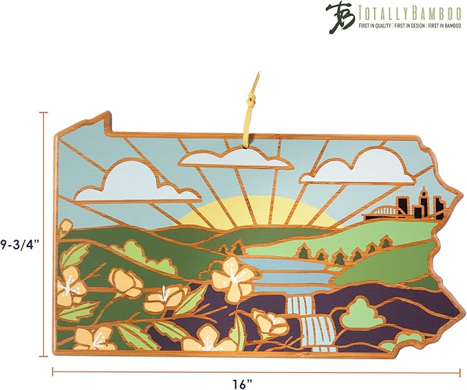 Totally Bamboo Pennsylvania State Shaped Cutting Board and Charcuterie Serving Platter with Artwork by Summer Stokes, Includes Hang Tie for Wall Display