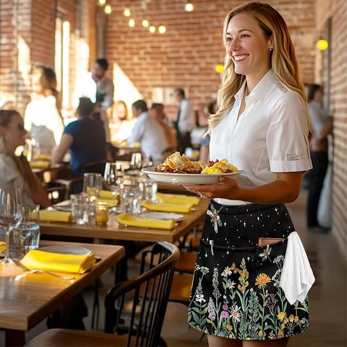 Server Waitress Waist Apron with 3 Pockets, Short Aprons for Servers,Waiter Apron For Waiter Accessories