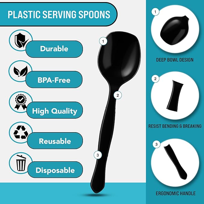 8.5" Black Plastic Serving Spoons for Buffet, Bulk 12 Count, Heavy Duty Disposable Spoon, Large Plastic Serving Utensils for Catering Supplies, Events, Party, Weddings & More – C&S Event Supply Co.