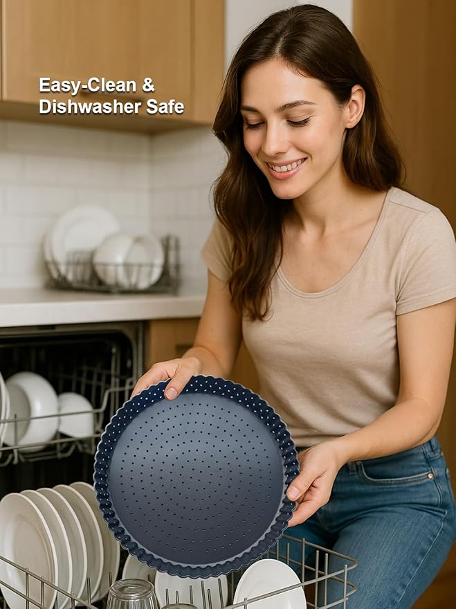 9 Inch Perforated Tart Pan for Crispy Crust w/Cake Server. Removable Bottom, Non-Stick Coating, Rugged Carbon Steel for Tart Quiche Pie Baking. Gift for Christmas Thanksgiving Party