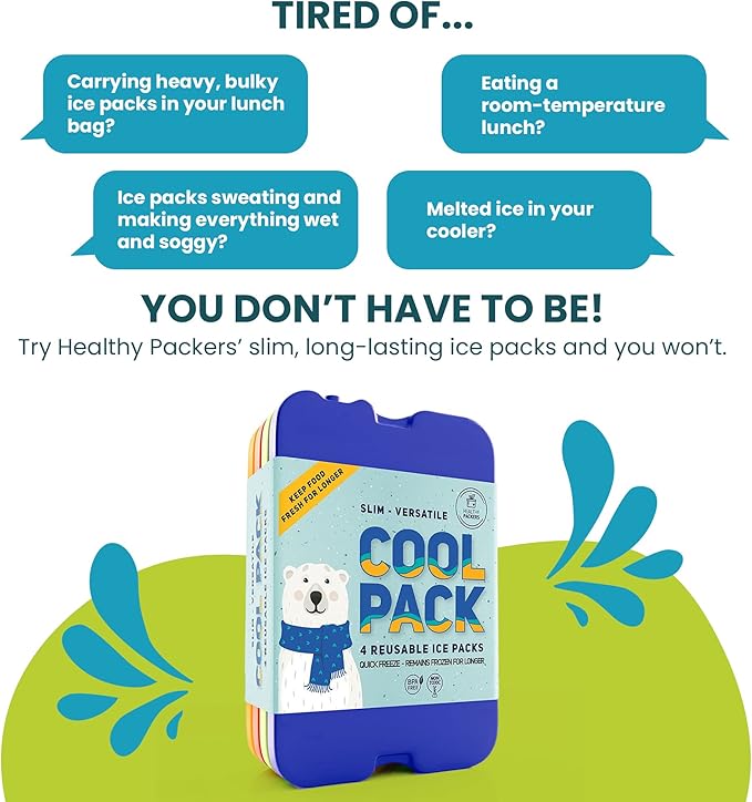 Healthy Packers Ice Packs for Lunch Boxes & Coolers - Original Cool Pack | Slim & Long-Lasting Reusable Ice Pack for Lunch Bags | Freezer Packs for Coolers (Set of 4)